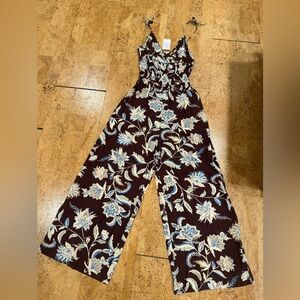 NWT Patrons of Peace Brown Floral Wide-Leg Jumpsuit with Blue/Cream Accents Sz S